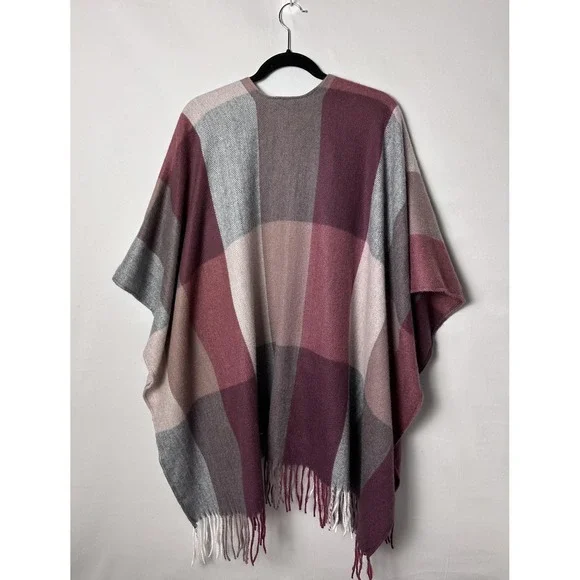 Woolrich Poncho Wrap Womens One Size Pink Gray Plaid Fringe Open Front Cape - Picture 5 of 8